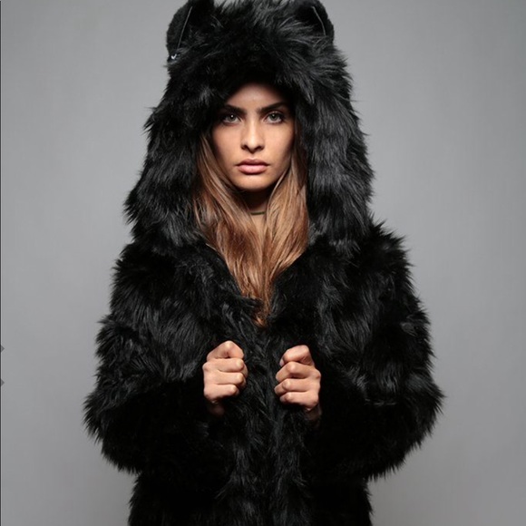 black wolf fur coat